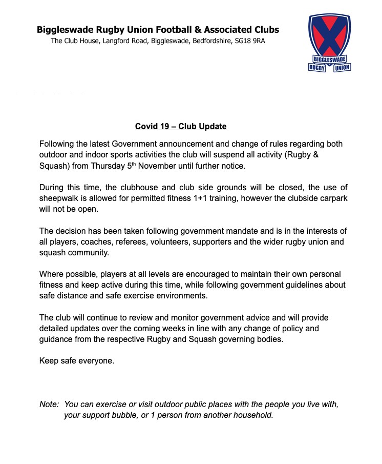 Statement from Club re Covid 19