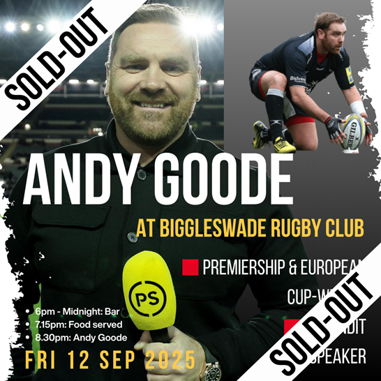 Poster advertising An Evening With Andy Goode at Biggleswade Rugby Club