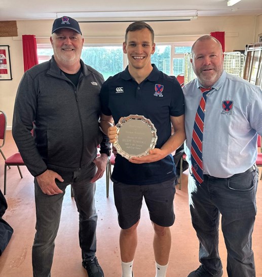 Club Chairman Pete Richards & President Simon Jarvis present Elliot Tunstall 150th cap salver