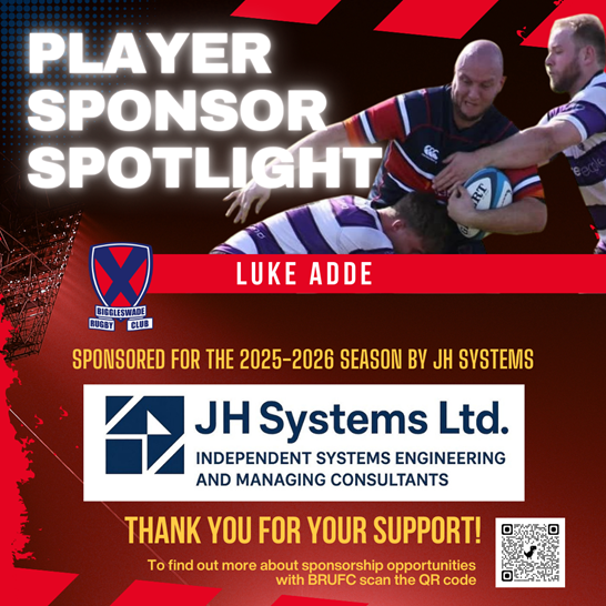 Graphic showing player Luke Adde and logo of player sponsor JH Systems Ltd