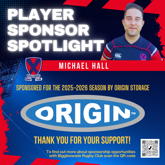 Graphic showing player Michael Hall and logo of player sponsor Origin Storage