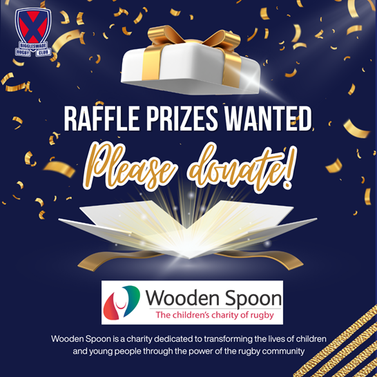 Graphic appealing for raffle prizes for Wooden Spoon children's charity 