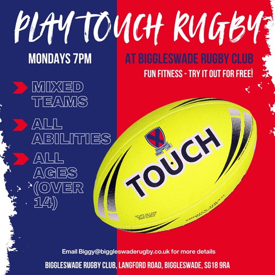 Poster with the information about Monday touch reugby sessions at the club (details covered in the text of this story)