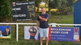 Mens Head Coach Gareth Hughes with scoreboard from 1st home win v Stewarts &  Lloyds 6 Sep 2025