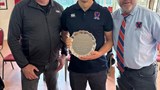 Club Chairman Pete Richards & President Simon Jarvis present Elliot Tunstall 150th cap salver