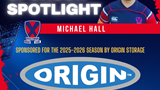 Graphic showing player Michael Hall and logo of player sponsor Origin Storage