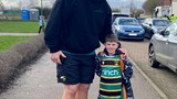 Ruaírí from our U7s with Saints' giant lock, JJ van der Mescht